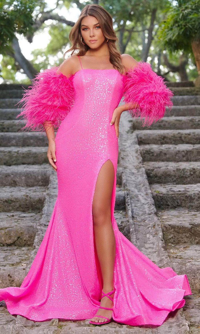 Ava Presley 28287 - Feather Sleeve Sequin Prom Dress Special Occasion Dress 00 / Neon Hot Pink