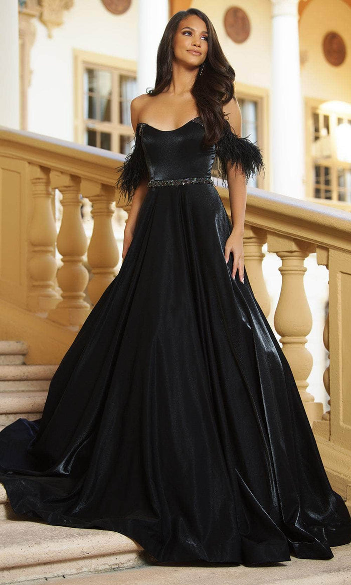 Ava Presley 28570 - Feather Off-Shoulder Ballgown Special Occasion Dress 00 / Black