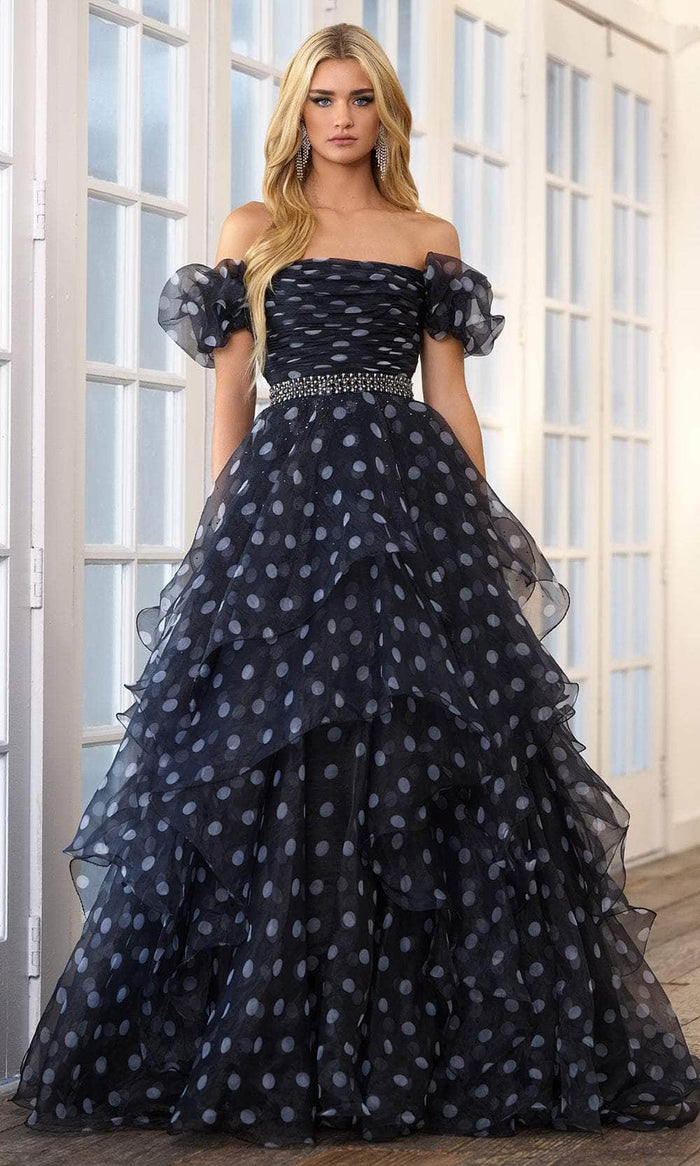 Ava Presley 39318 - Off Shoulder Polka Dot Prom Gown Special Occasion Dress 00 / Black/White