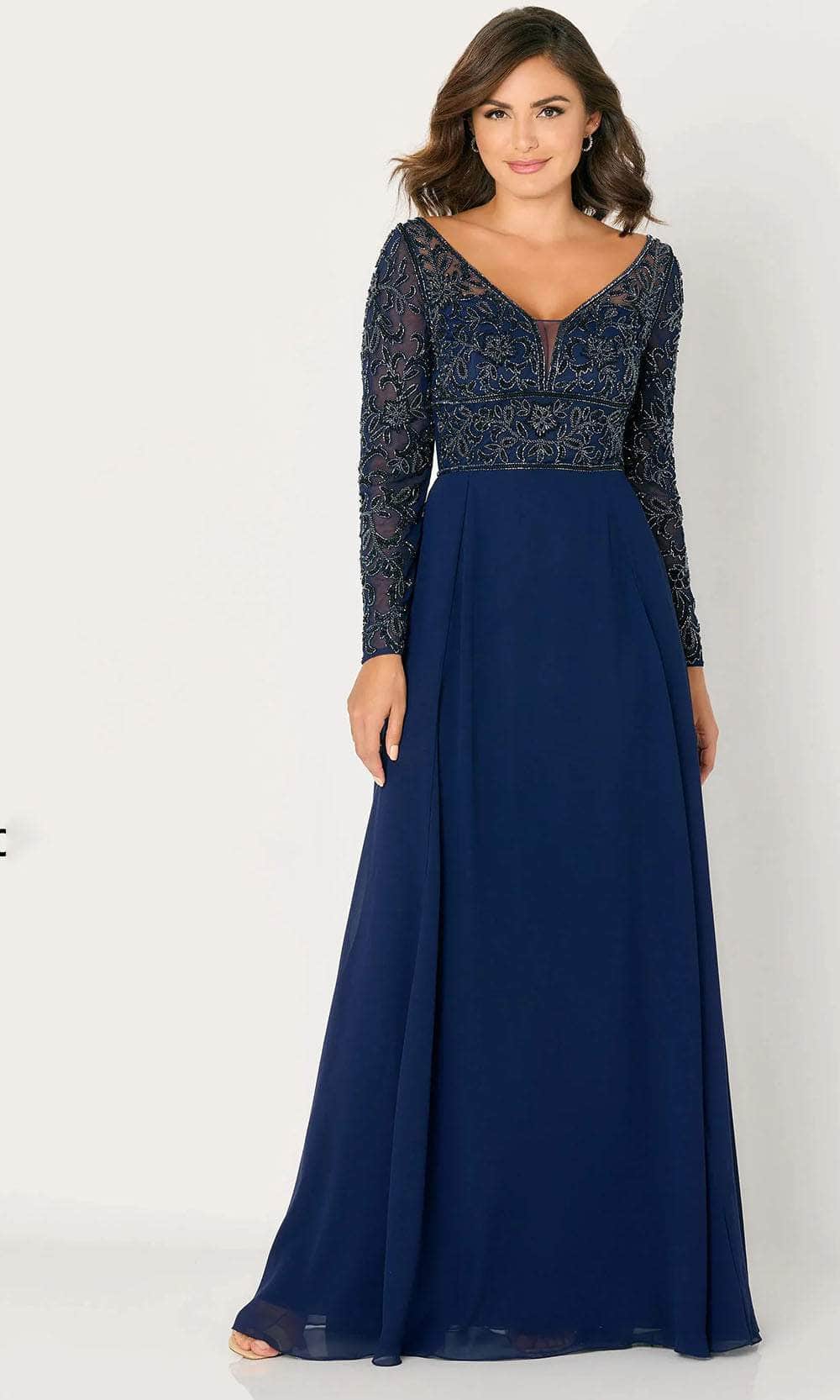Prom Dresses Winter Navy Blue Dress BABARONI V Neck Lace And Chiffon Dress With Long Sleeves Prom Dresses Winter Navy Blue Dress BABARONI V Neck Lace And Chiffon Dress With Long Sleeves