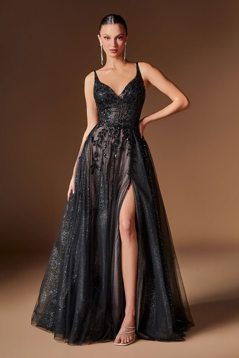 black glitter tulle dress Sparkly Black Tulle A-line Long Evening Prom Dresses, Custom High Slit MarryLover