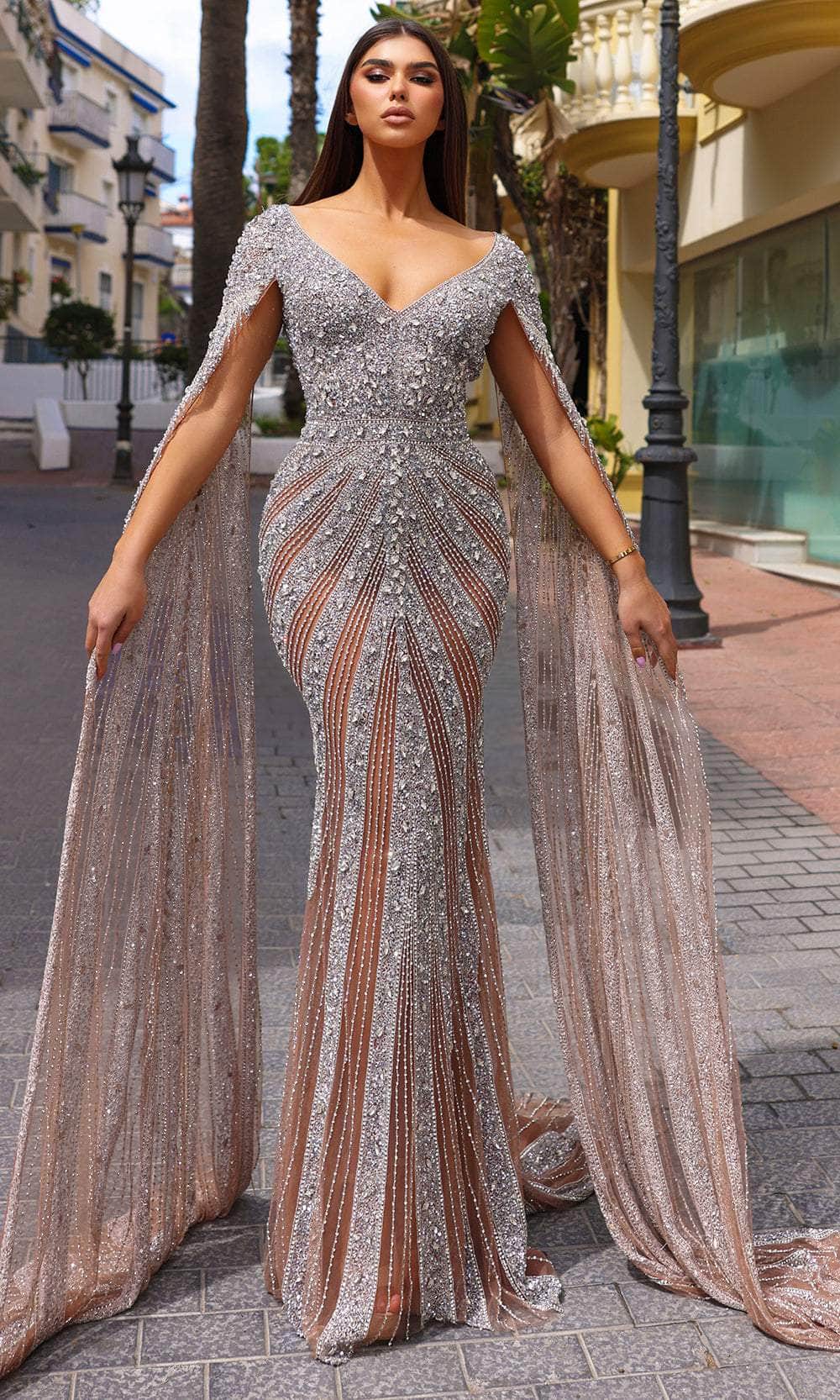 Chic and Holland HF110276 - Cape Sleeve Scoop Back Evening Dress Couture Candy Chic and Holland HF110276 - Cape Sleeve Scoop Back Evening Dress Couture Candy