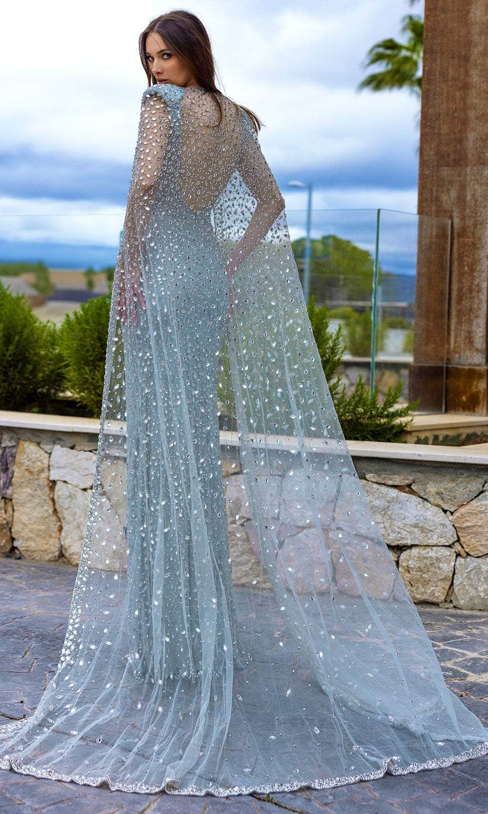 Chic and Holland HF110311 - Sheer Cape V-Neck Evening Dress Chic and Holland HF110311 - Sheer Cape V-Neck Evening Dress