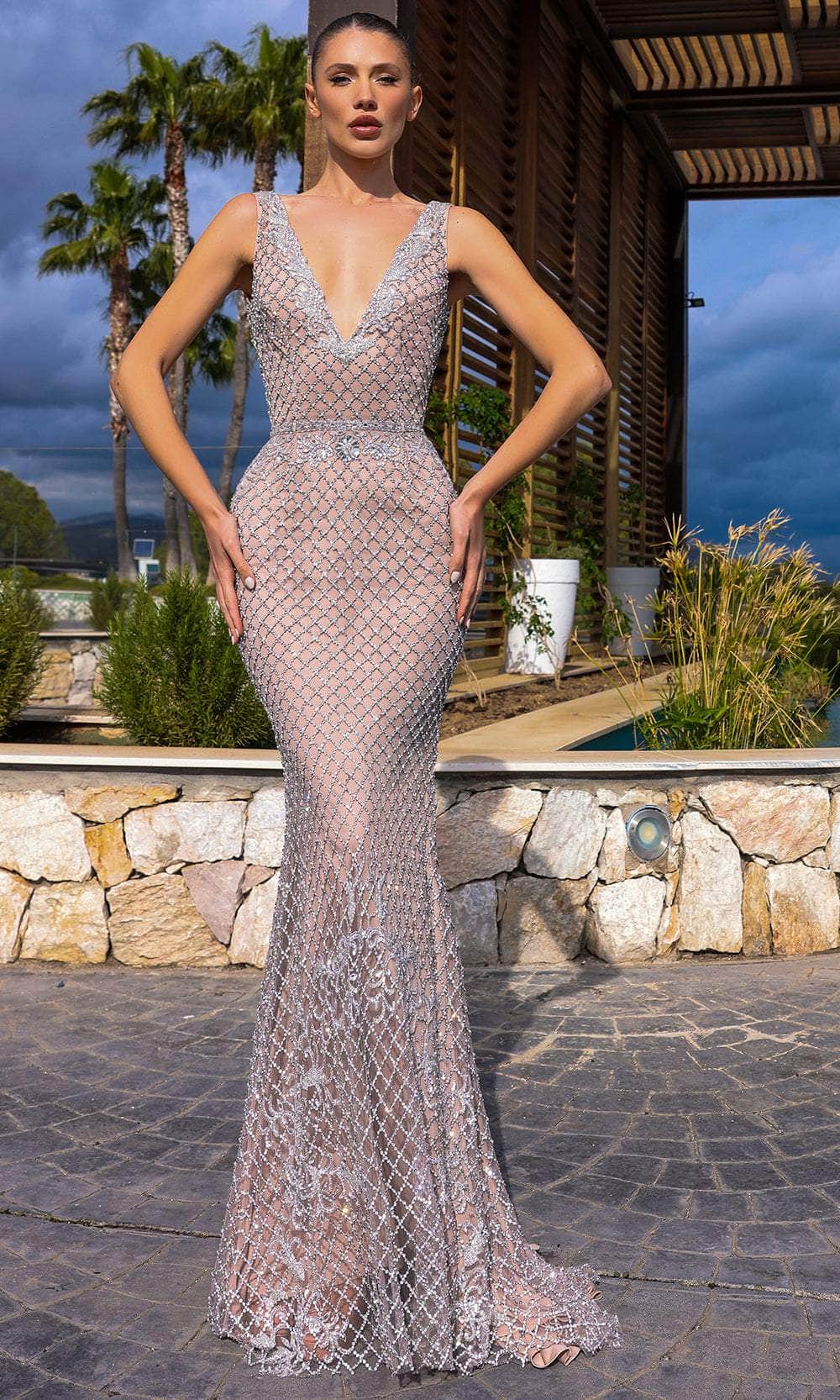 Chic and Holland HF110331 - Beaded Lattice V-Neck Evening Dress 4 / Silver/Nude - Shop Chic and Holland dresses on Couture Candy at CoutureCandy.com Chic and Holland HF110331 - Beaded Lattice V-Neck Evening Dress 4 / Silver/Nude - Shop Chic and Holland dresses on Couture Candy at CoutureCandy.com