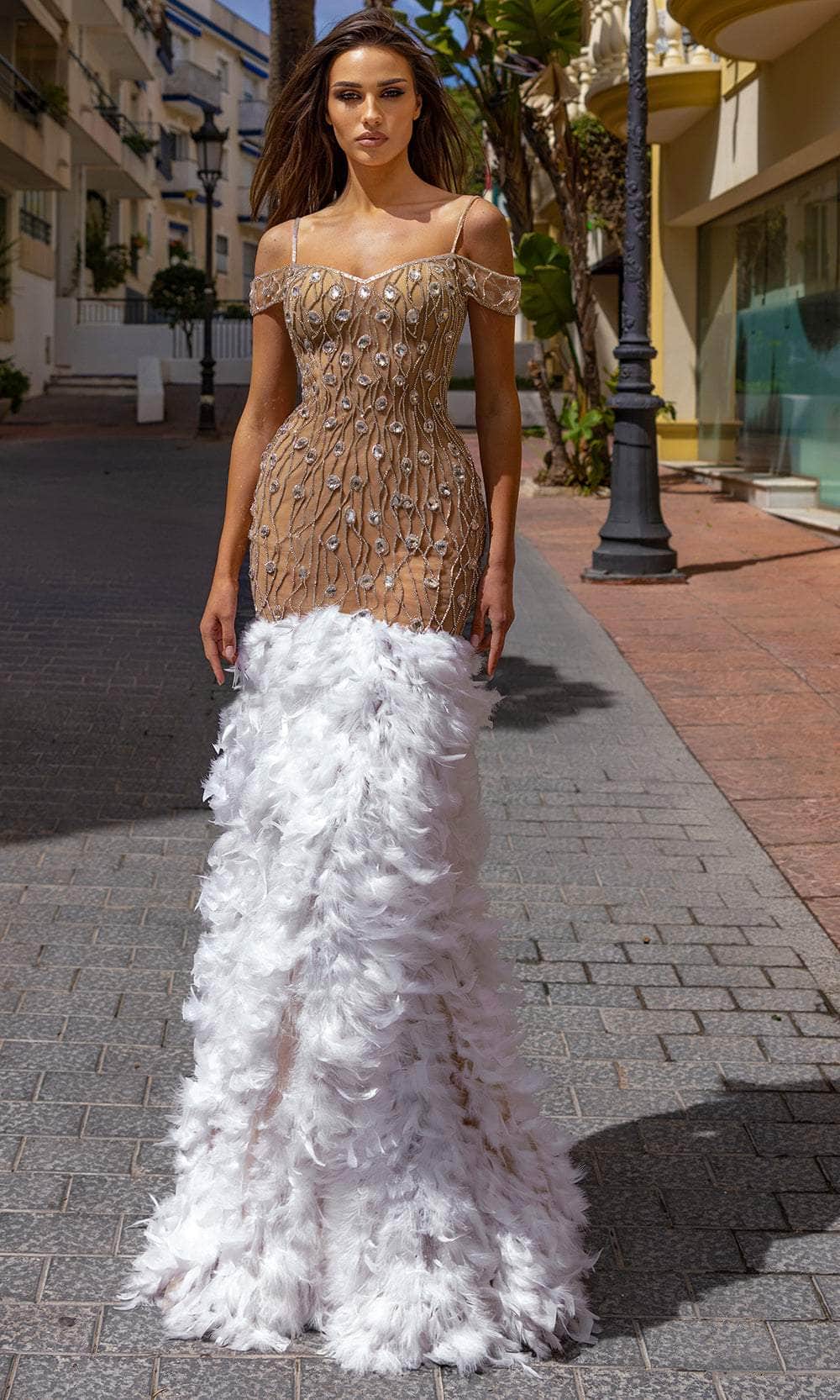 Chic and Holland HF110349 - Cold Shoulder Feather Evening Dress Chic and Holland HF110349 - Cold Shoulder Feather Evening Dress