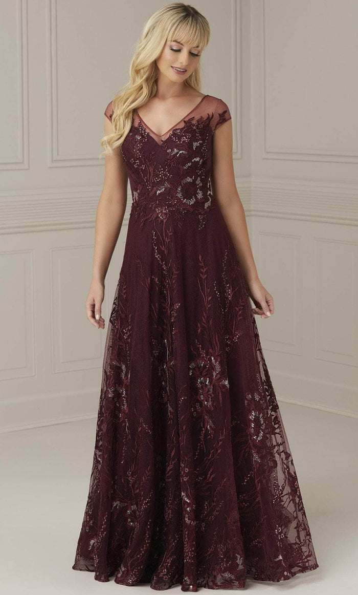 Christina Wu Elegance 17105 - Illusion V-Neck Lace Evening Dress Evening Dresses 2 / Burgundy
