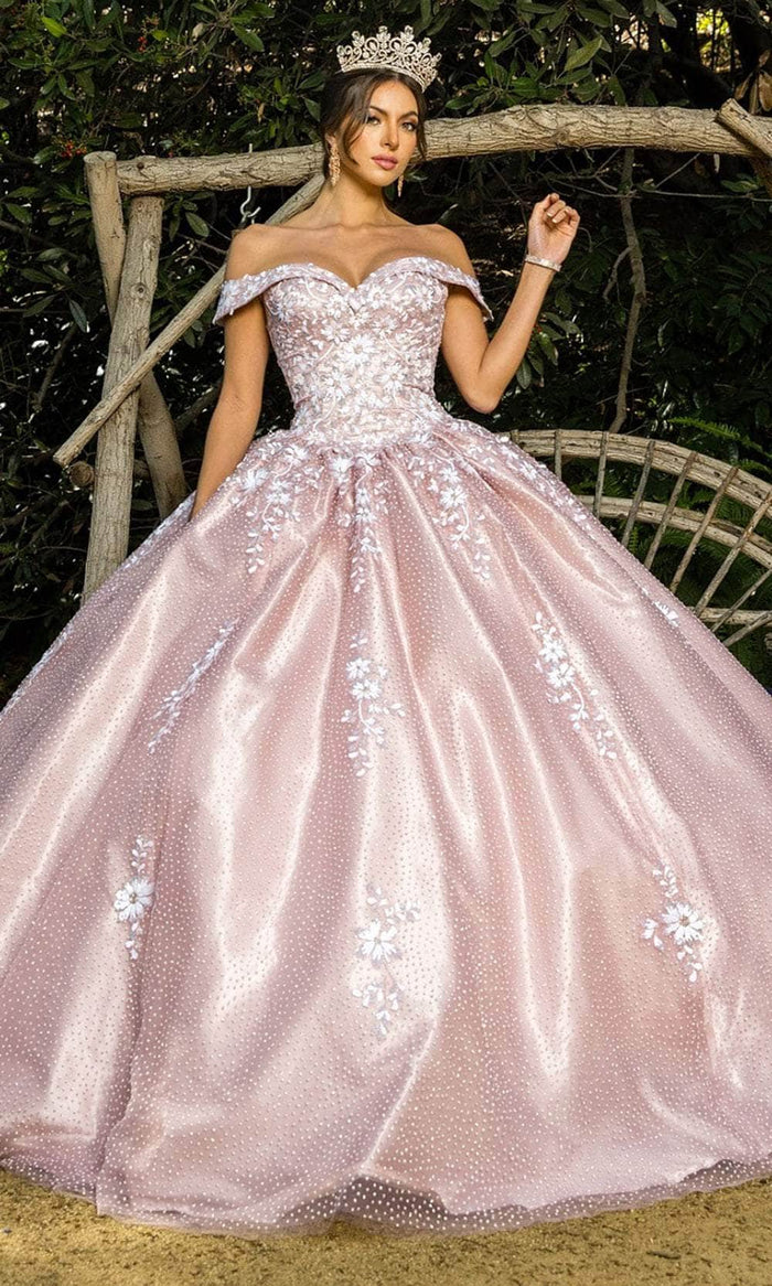 Cinderella Couture 8060J - Floral Applique Off-Shoulder Ballgown Special Occasion Dress XS / Dusty Rose