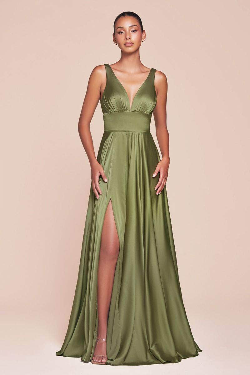 Cinderella Divine - 7469 Satin V-Neck A-Line Dress with Slit Couture Candy Cinderella Divine - 7469 Satin V-Neck A-Line Dress with Slit Couture Candy