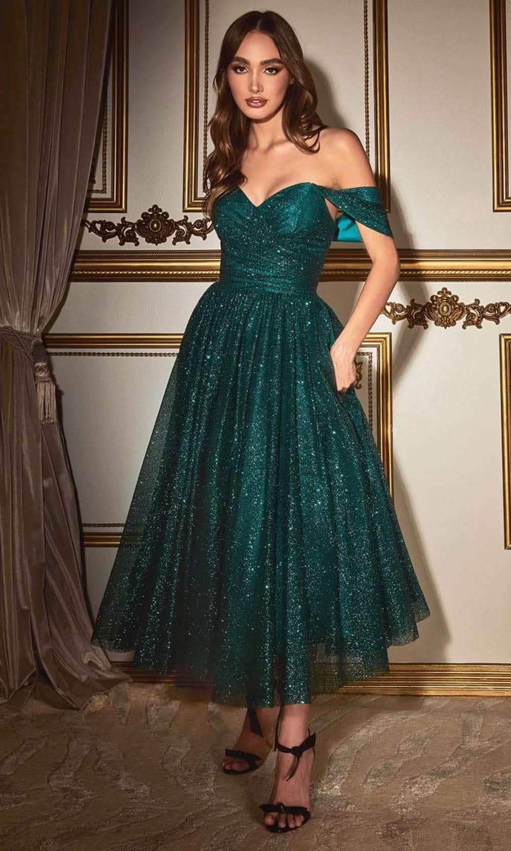 Cinderella Divine CD870 - Tea-Length Dress with Off-Shoulder