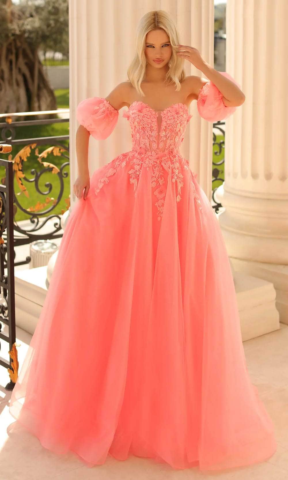 coral corset prom dress Primavera Couture 4319 Size 8 Coral Beaded Sequin Prom Dress Corset Scoop Neck Slit Formal Evening Gown