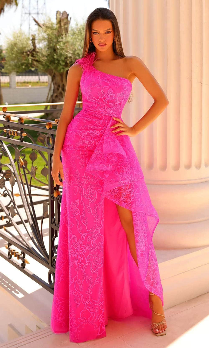 Clarisse 810929 - One-Sleeve Floral Glitter Embroidered Prom Gown Prom Dresses 00 / Fuchsia