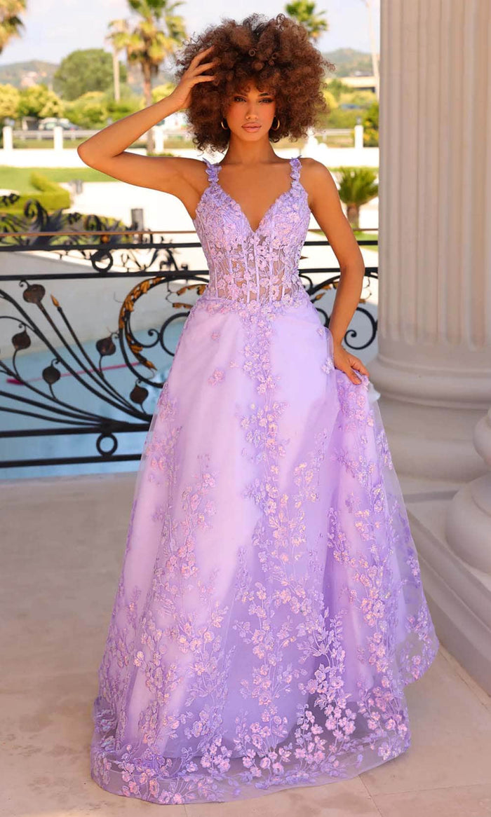 Clarisse 810974 - Floral Sequin A-Line Prom Gown Prom Dresses 00 / Lilac