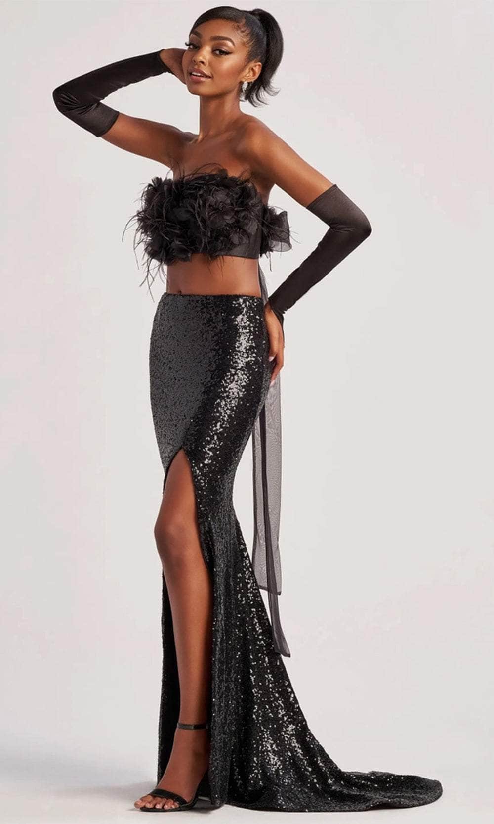 two piece sequin dress Colette By Daphne CL8450 - Long Stretch Sequin, Three-Dimensional Flowers, Feathers, Stretch Lining Mermaid Dress