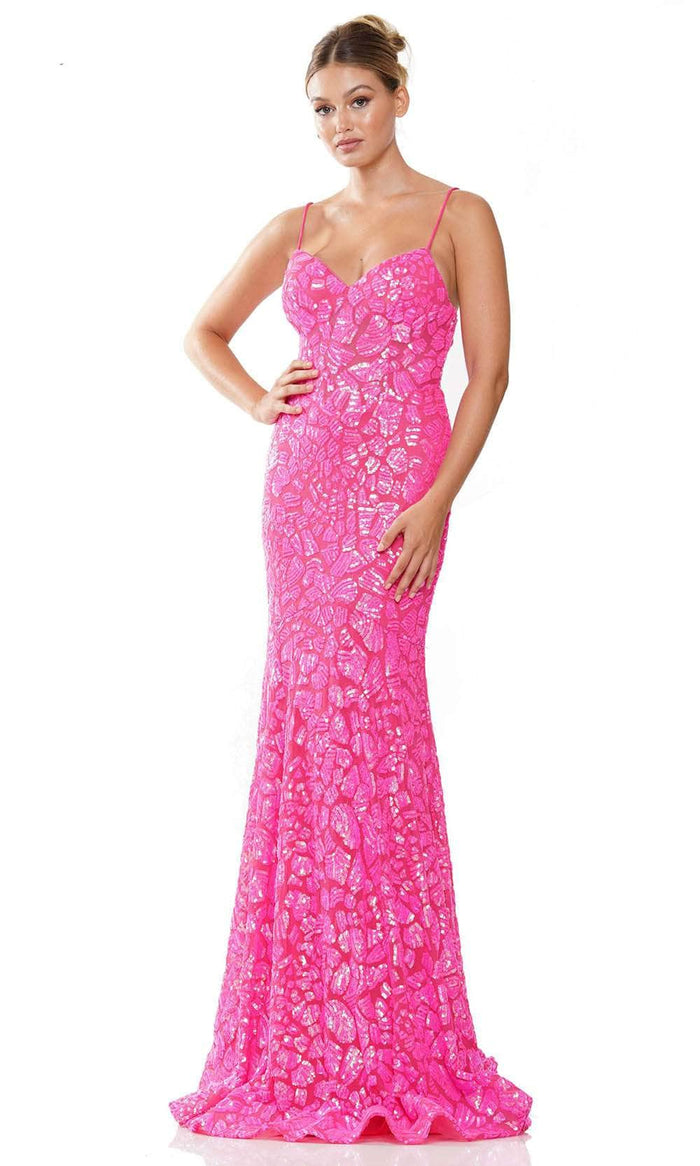 Colors Dress 3113 - Sequin Mermaid Prom Gown Special Occasion Dress 0 / Hot Pink