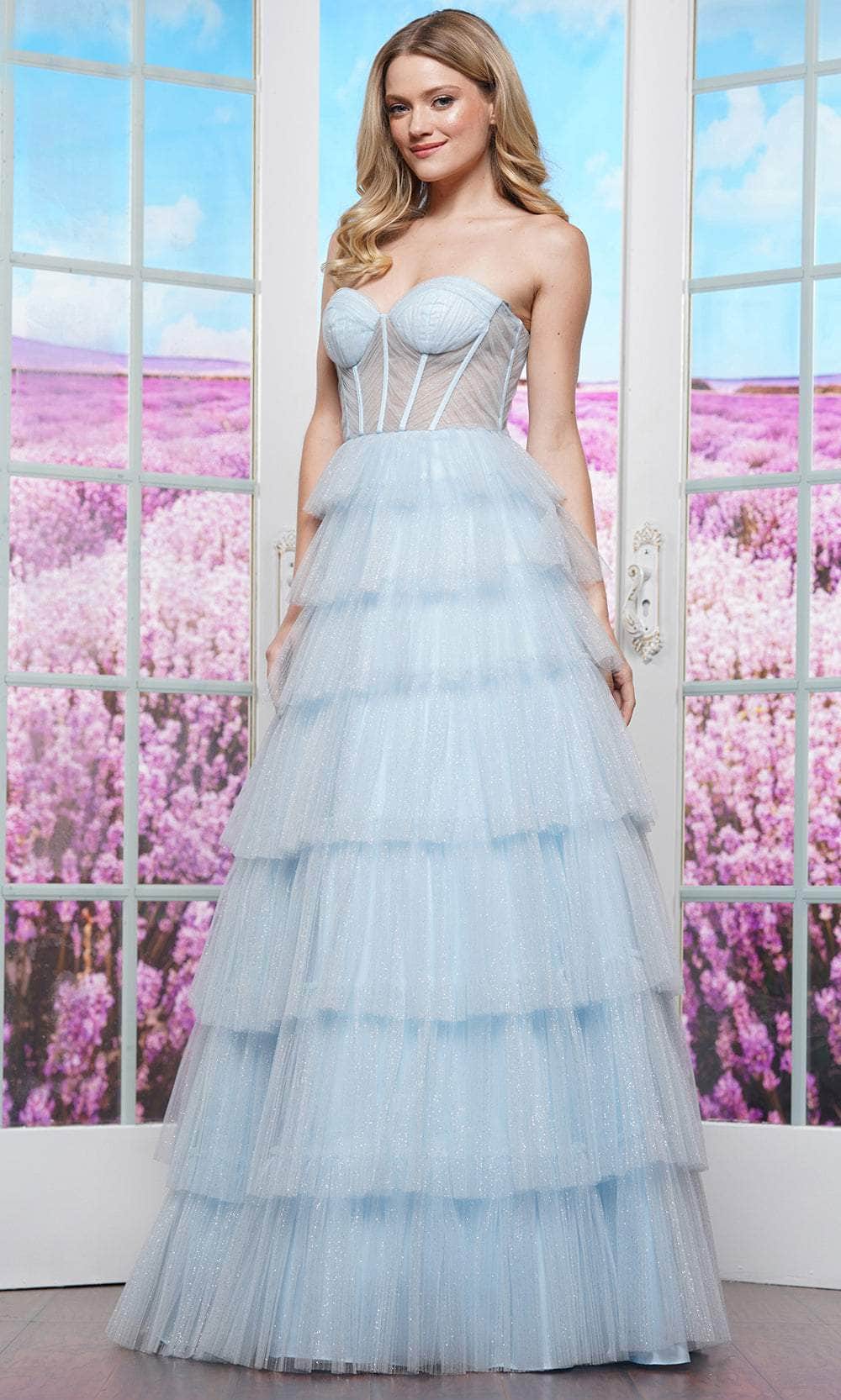 tiered mesh prom dress Faeriesty Women's Elegant Strapless Maxi Prom Dress With Beaded Tiered Ruffles And Lace-Up Back, Romantic Mesh Fabric Formal Gown