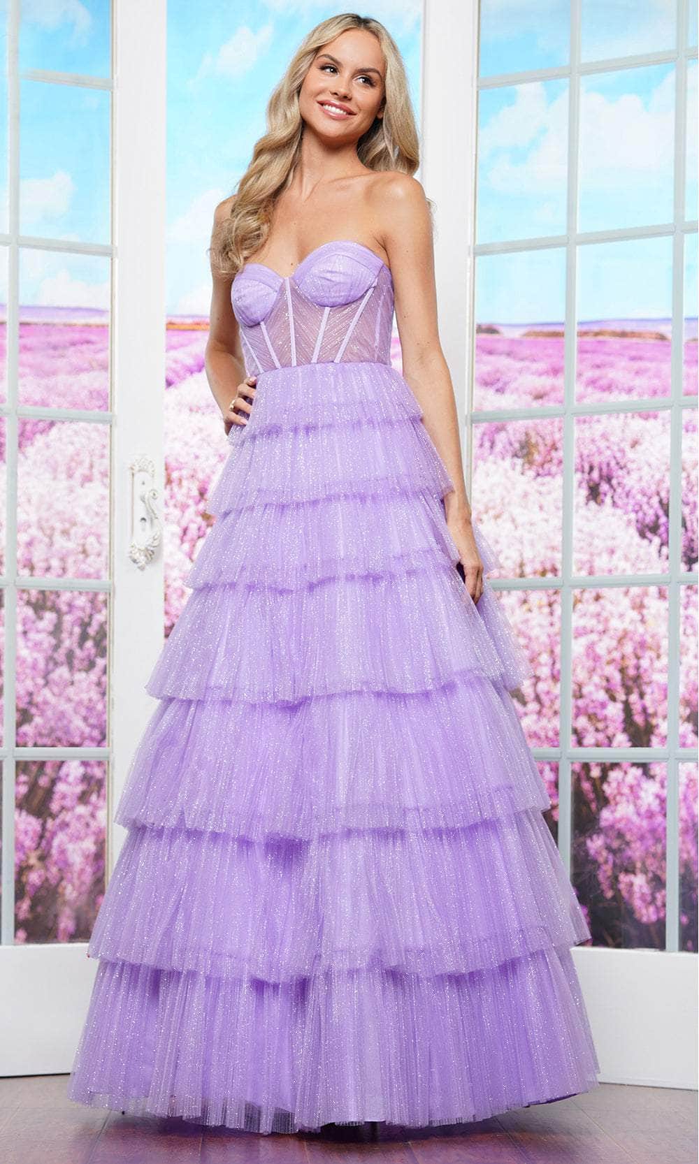 Colors Dress 3491 - Tiered Skirt Glitter Mesh Prom Dress Colors Dress 3491 - Tiered Skirt Glitter Mesh Prom Dress