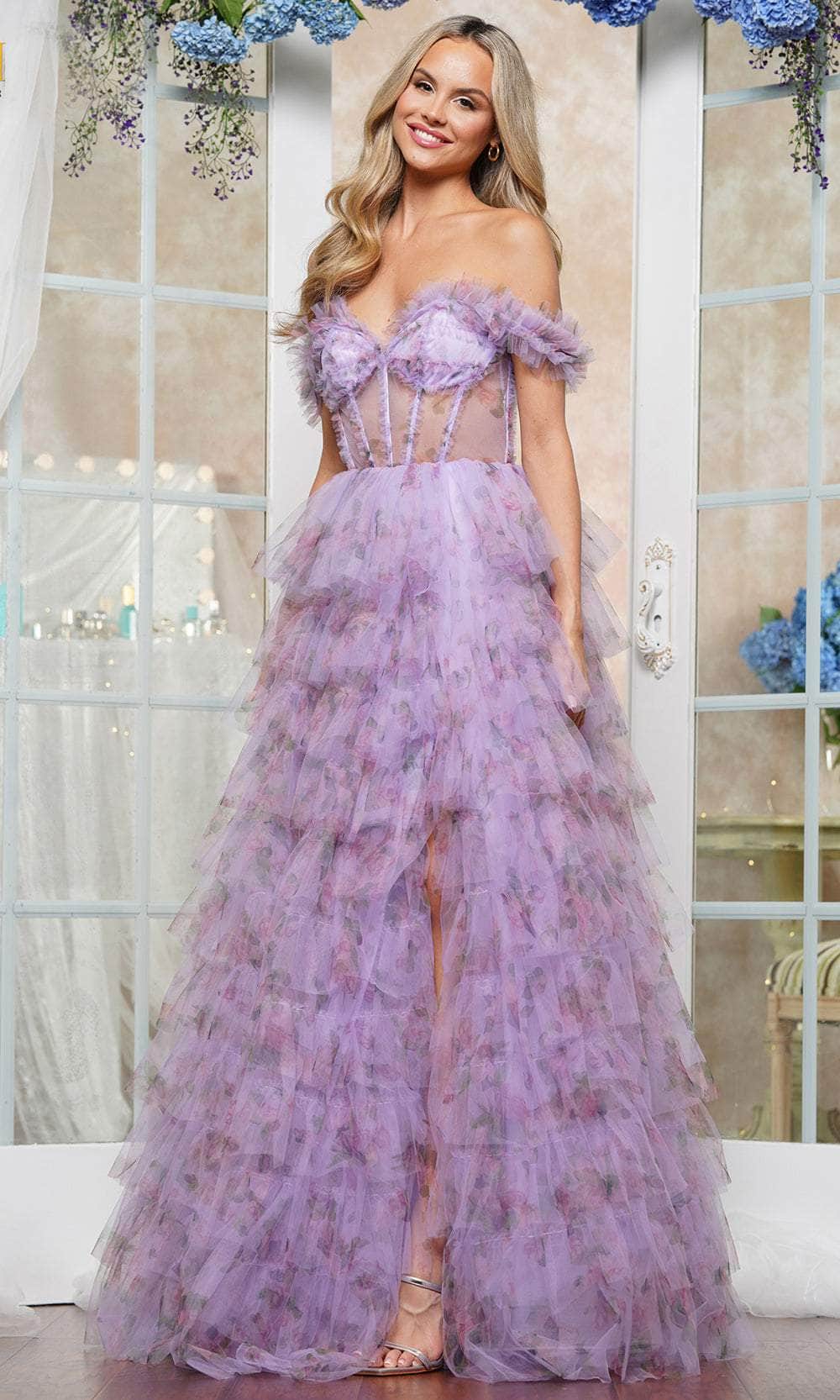 Colors Dress 3504 - Off-Shoulder Floral Printed Prom Gown Colors Dress 3504 - Off-Shoulder Floral Printed Prom Gown