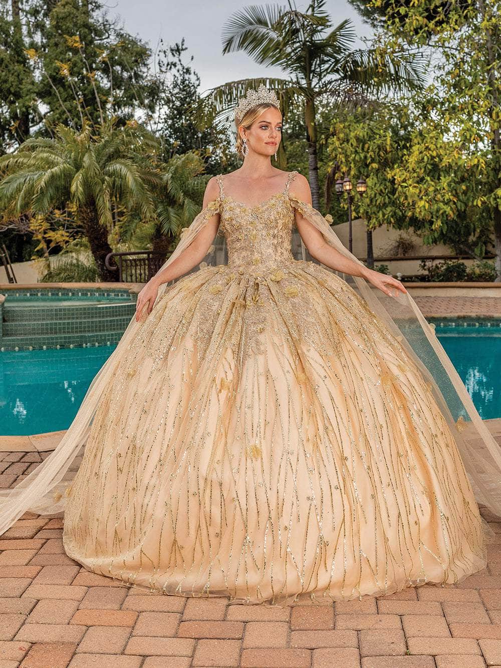 rose gold quinceanera dress with cape Rose Gold Quinceanera Dress - 3D Flowers Sequined Ball Gown with Beaded Corset, Cape & Tassel Appliques