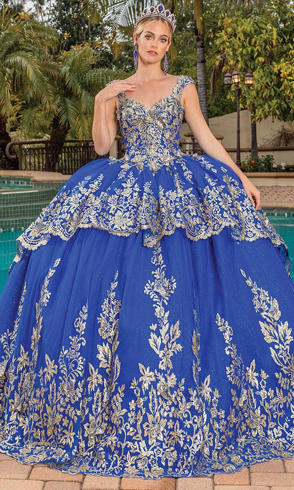 Dancing Queen 1881 Long Quinceanera Dress Royal Blue/Gold / Small Dancing Queen 1881 Long Quinceanera Dress Royal Blue/Gold / Small