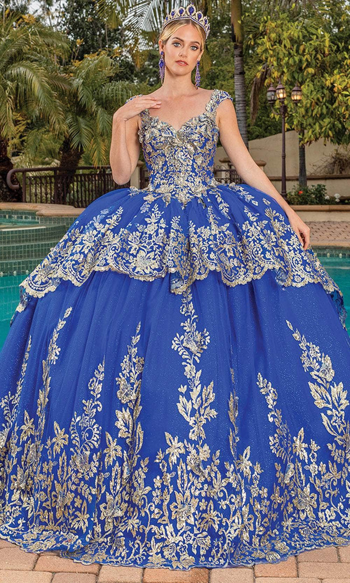 Dancing Queen 1881 - Metallic Embroidered Tiered Ballgown Ball Gowns XS / Royal Blue/Gold
