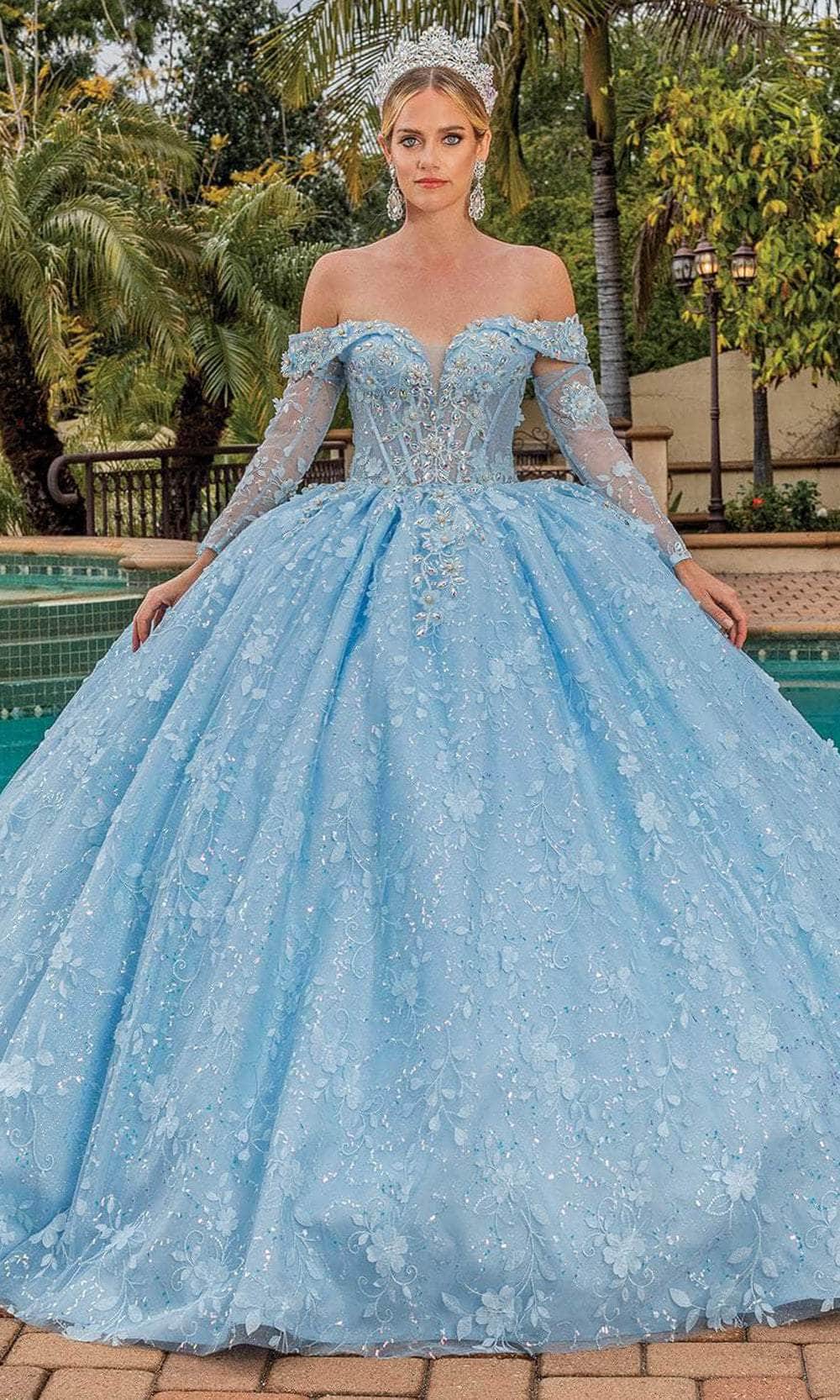 Dancing Queen 1890 Long Quinceanera Dress Bahama Blue / Small Dancing Queen 1890 Long Quinceanera Dress Bahama Blue / Small