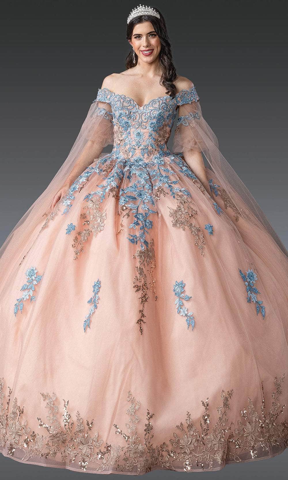 Dancing Queen 1921 Long Quinceanera Dress Rose Gold/Bahama Blue / 2XLarge Dancing Queen 1921 Long Quinceanera Dress Rose Gold/Bahama Blue / 2XLarge