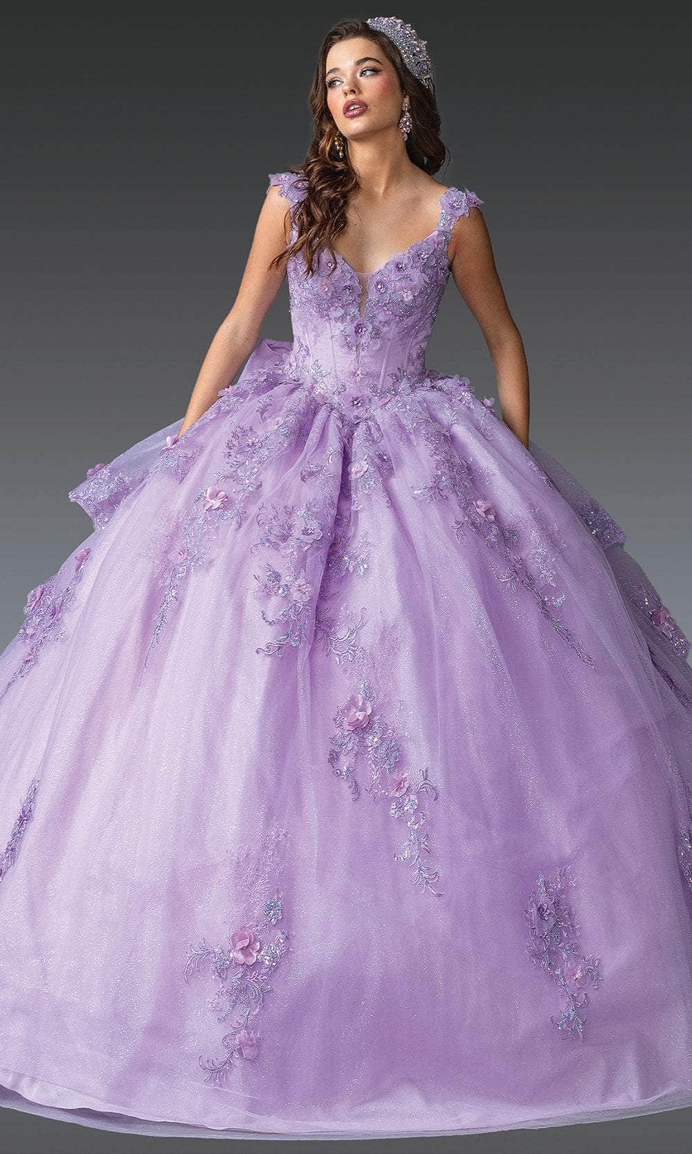 Dancing Queen 1952 - Long Ballgown Dress - 3D Floral Appliques, Beaded, Embroidery, Layered Skirt, Lace-Up Back, Oversized Back Bow, Cap Sleeves M / Dancing Queen 1952 - Long Ballgown Dress - 3D Floral Appliques, Beaded, Embroidery, Layered Skirt, Lace-Up Back, Oversized Back Bow, Cap Sleeves M /