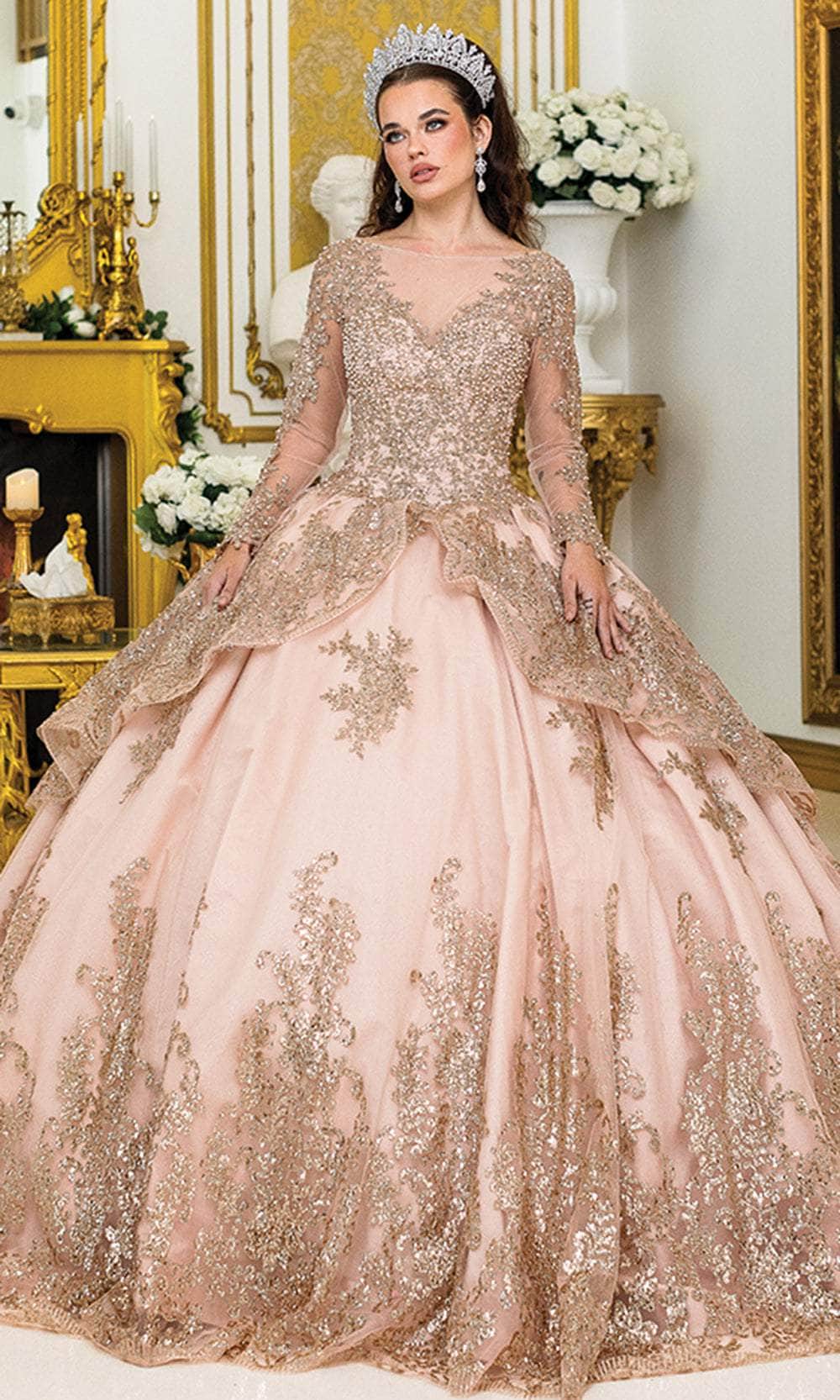 Dancing Queen 1968 - Long Ballgown Dress - Illusion Details, Long Sleeves, Beaded, Lace Applique, Cathedral Train, Cutout Back S / Rose Gold - Shop Dancing Queen 1968 - Long Ballgown Dress - Illusion Details, Long Sleeves, Beaded, Lace Applique, Cathedral Train, Cutout Back S / Rose Gold - Shop