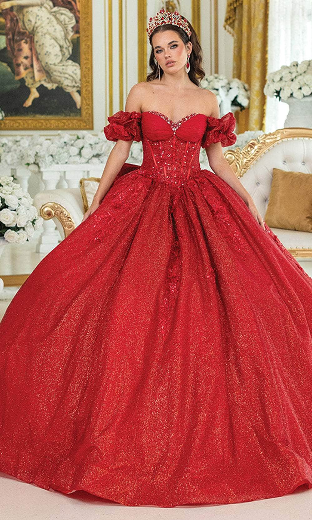 Dancing Queen 1985 - Long Ballgown Dress - Off-Shoulder Ruffled Sleeves, Lace-Up Back, Beaded Bodice, Embroidery, Statement Bow, Lace-Up Back Couture Candy Dancing Queen 1985 - Long Ballgown Dress - Off-Shoulder Ruffled Sleeves, Lace-Up Back, Beaded Bodice, Embroidery, Statement Bow, Lace-Up Back Couture Candy