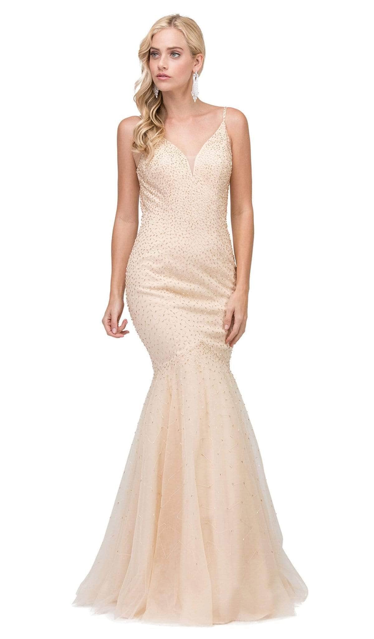 Long Beaded Mermaid Prom Dress - PromGirl Champagne / XSmall Long Beaded Mermaid Prom Dress - PromGirl Champagne / XSmall
