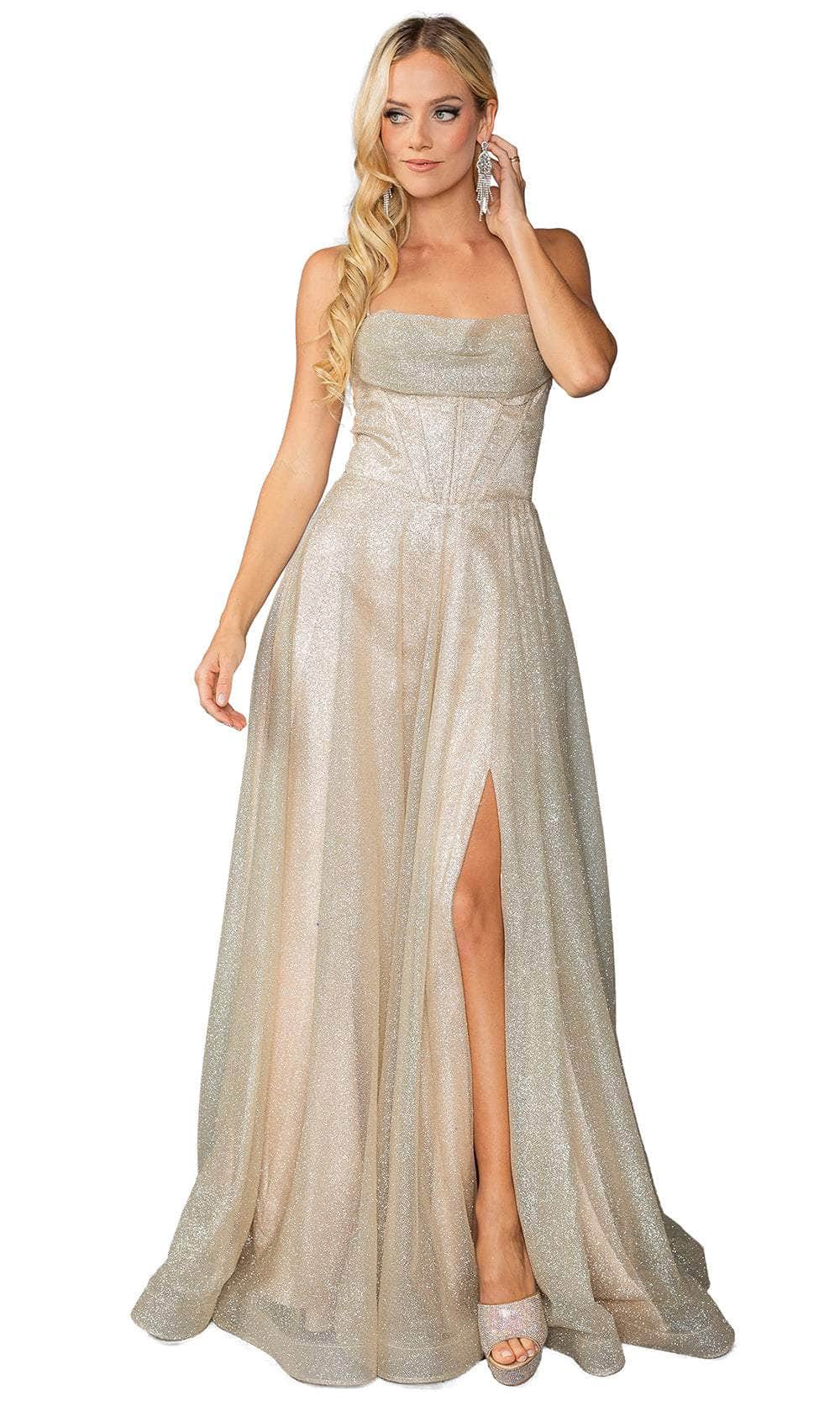 Dancing Queen 4428: Long A-Line Glitter Prom Dress Champagne / 2XLarge Dancing Queen 4428: Long A-Line Glitter Prom Dress Champagne / 2XLarge