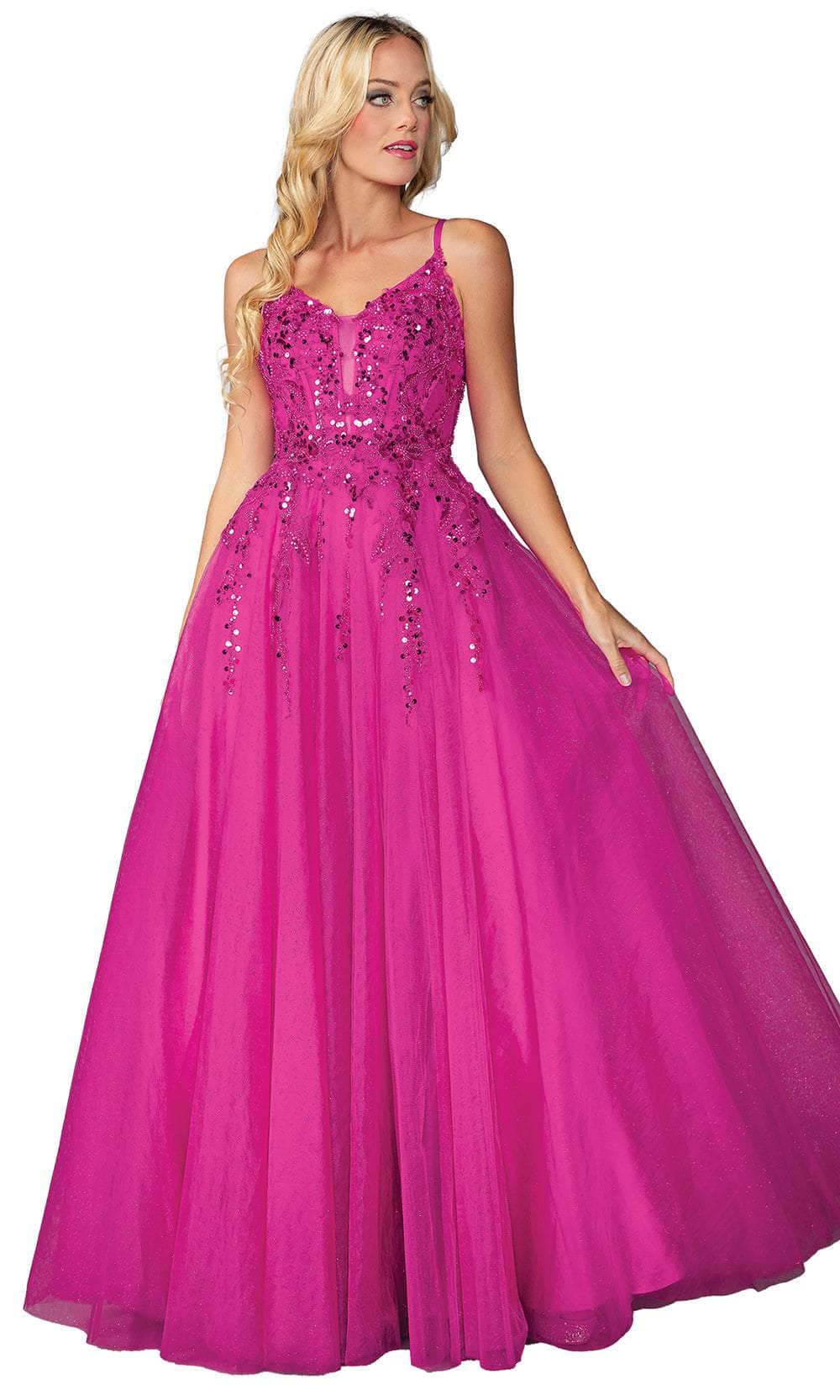 Sheer-Corset Long A-Line Prom Dress with Sequins Fuchsia / XLarge Sheer-Corset Long A-Line Prom Dress with Sequins Fuchsia / XLarge