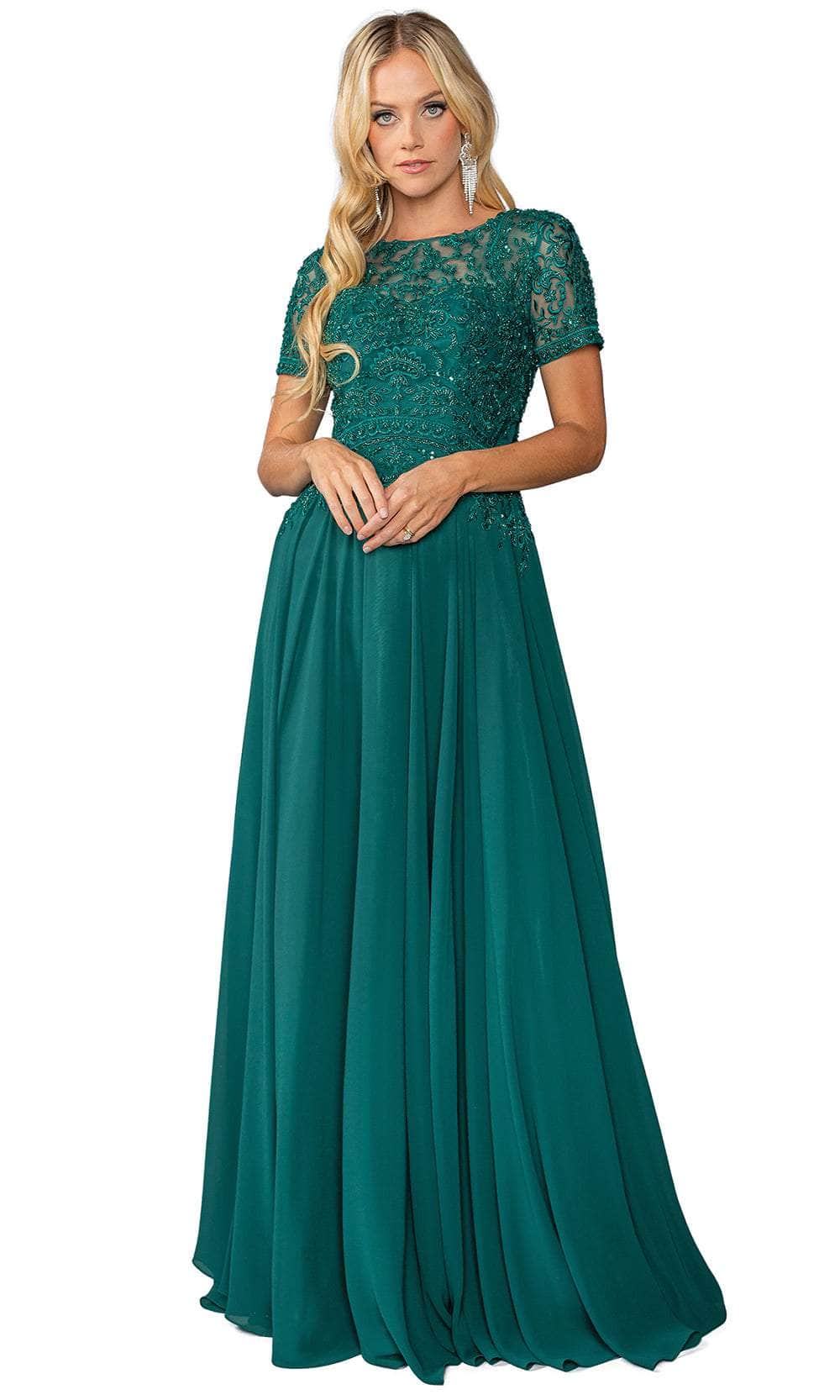Short Sleeve Long Prom Dress with Beaded Bodice Hunter Green / 2XLarge Short Sleeve Long Prom Dress with Beaded Bodice Hunter Green / 2XLarge