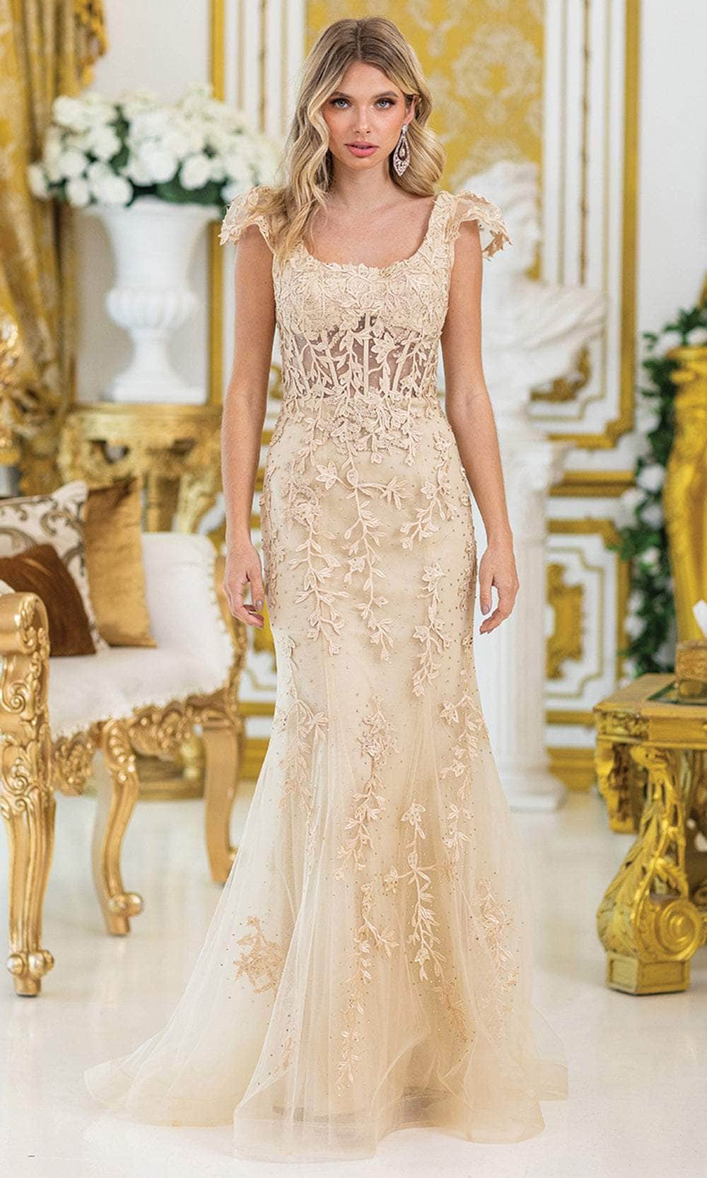 Beaded-Lace Long Prom Dress with Cap Sleeves Champagne / Small Beaded-Lace Long Prom Dress with Cap Sleeves Champagne / Small
