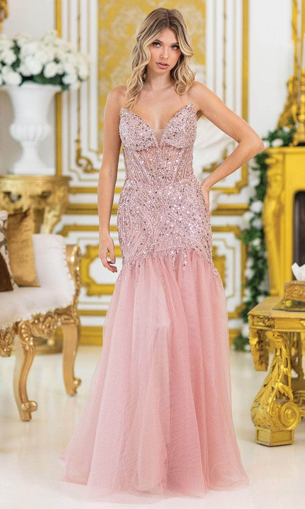 Strapless Long Mermaid Pom Dress with Sequins Rose Gold / 3XLarge Strapless Long Mermaid Pom Dress with Sequins Rose Gold / 3XLarge