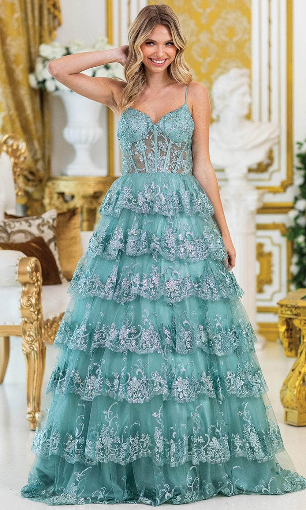 Dancing Queen 4478 - Long Ballgown Dress - Tiered Ruffle Skirt, Embroidered Bodice, Illusion Corset, Spaghetti Straps L / Sage - Shop Dancing Queen Dancing Queen 4478 - Long Ballgown Dress - Tiered Ruffle Skirt, Embroidered Bodice, Illusion Corset, Spaghetti Straps L / Sage - Shop Dancing Queen