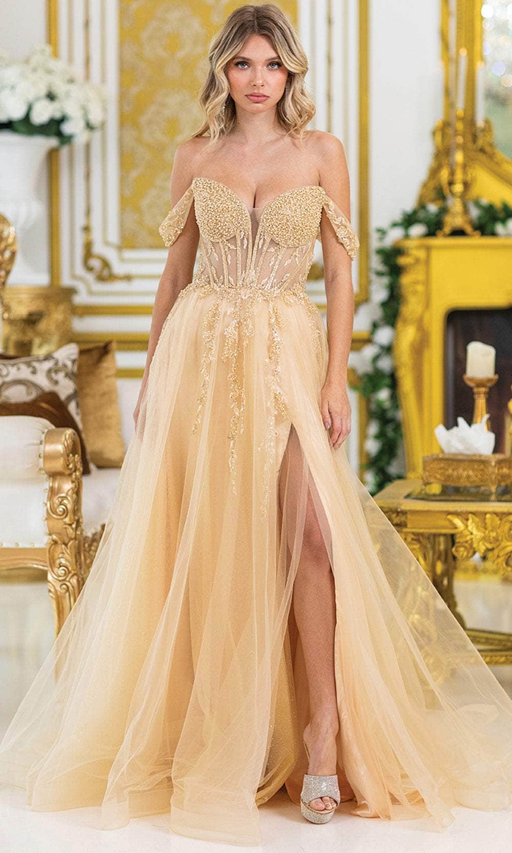 Dancing Queen 4490 - Long Glitter Tulle A-line Dress - Beaded Bodice, Off-Shoulder Straps, Illusion Corset Bodice, High Slit, Layered Skirt, Lace-Up Back Couture Candy Dancing Queen 4490 - Long Glitter Tulle A-line Dress - Beaded Bodice, Off-Shoulder Straps, Illusion Corset Bodice, High Slit, Layered Skirt, Lace-Up Back Couture Candy