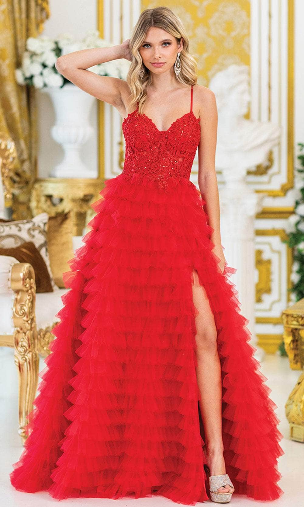 Dancing Queen 4491 - Long Ballgown Dress - Spaghetti Straps, Sequin Bodice, Layered Ruffled Skirt, High Slit, Floral Embroidery Couture Candy Dancing Queen 4491 - Long Ballgown Dress - Spaghetti Straps, Sequin Bodice, Layered Ruffled Skirt, High Slit, Floral Embroidery Couture Candy