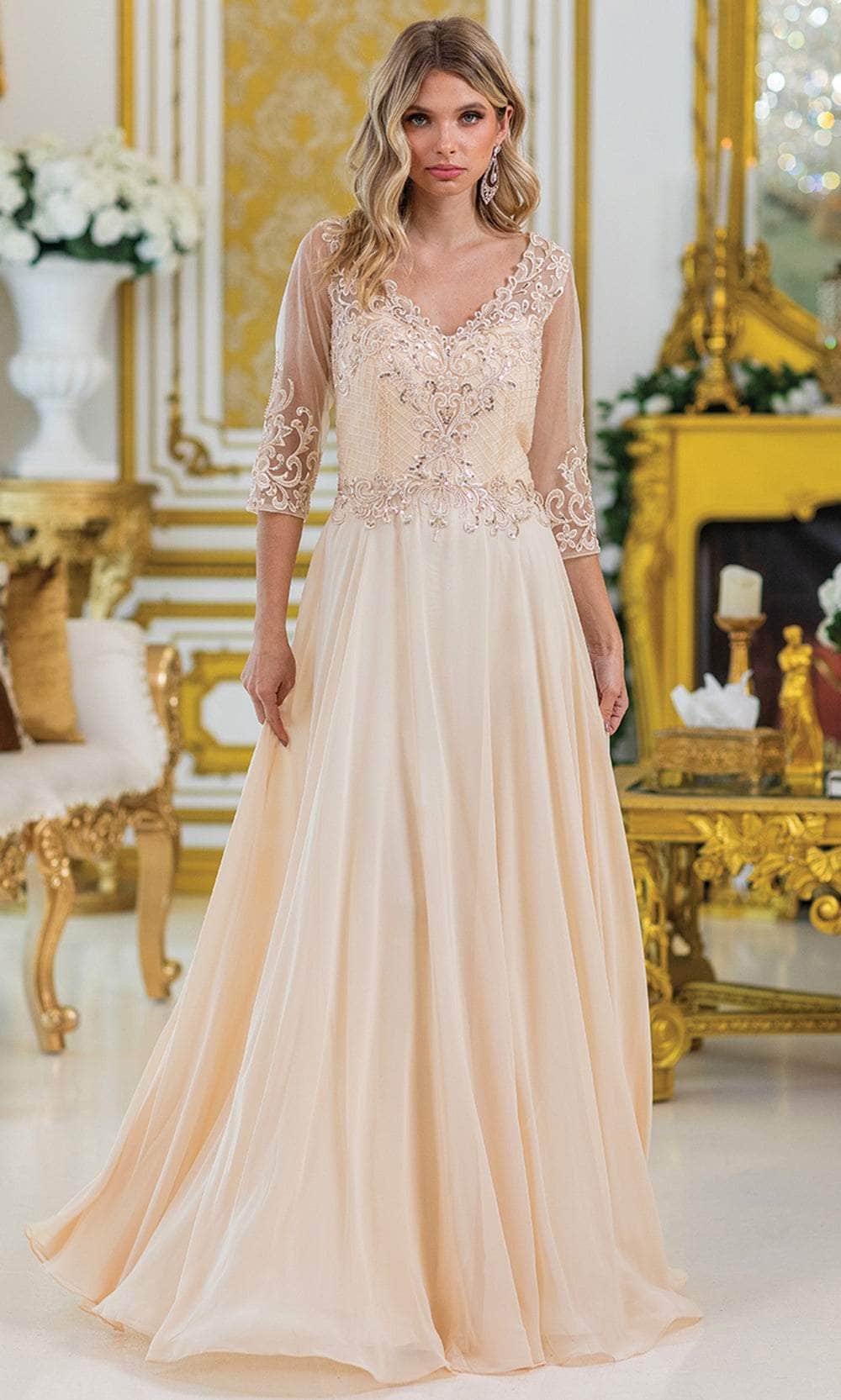 Beaded-Bodice Long Formal Dress with Long Sleeves Champagne / XLarge Beaded-Bodice Long Formal Dress with Long Sleeves Champagne / XLarge