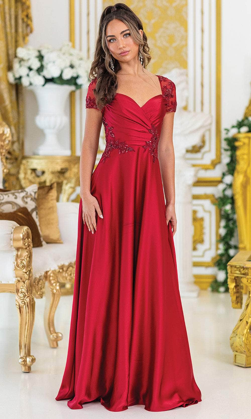 Short-Sleeve Long A-Line Prom Dress with Beads Burgundy / 3XLarge Short-Sleeve Long A-Line Prom Dress with Beads Burgundy / 3XLarge