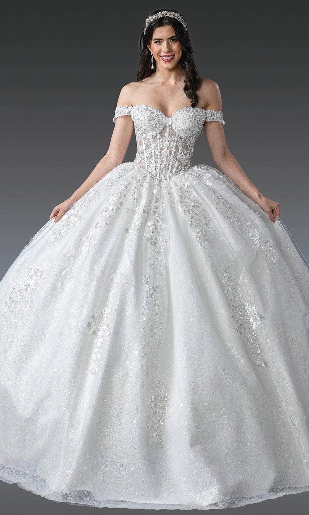 Dancing Queen Bridal 0275 - Long Ballgown Dress - Floral Embroidery, Sequins, Sheer Corset Bodice, Petal Train 3XL / Off White - Shop Dancing Queen Dancing Queen Bridal 0275 - Long Ballgown Dress - Floral Embroidery, Sequins, Sheer Corset Bodice, Petal Train 3XL / Off White - Shop Dancing Queen