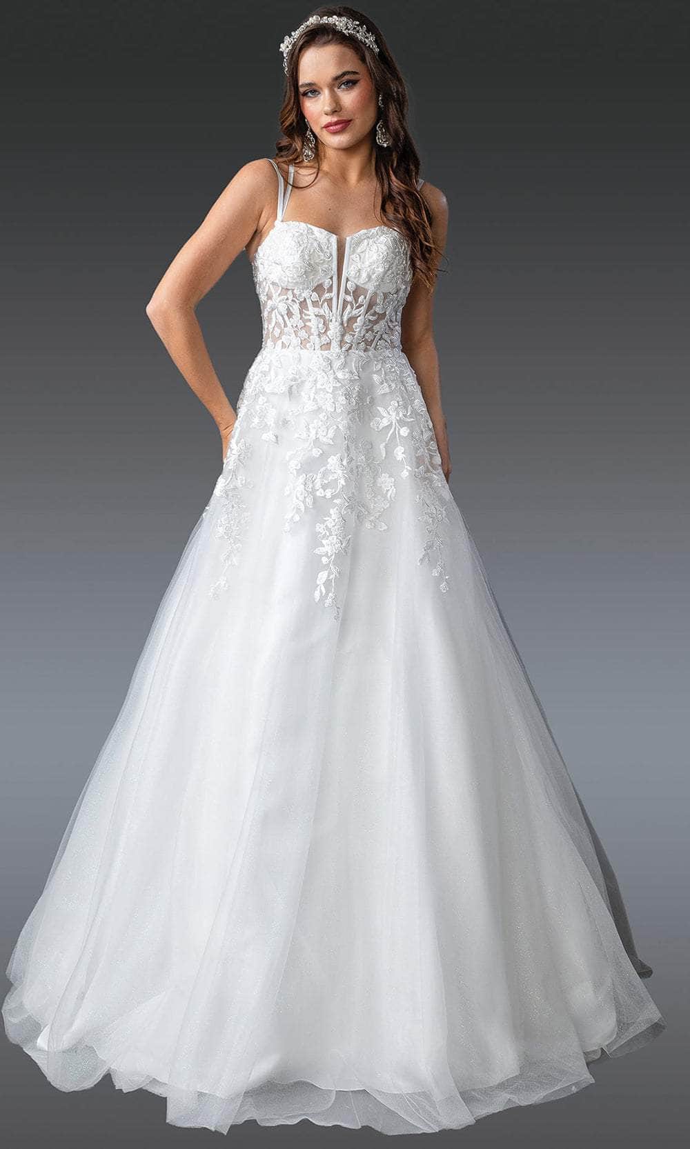 Dancing Queen Bridal 0281 - Long A-Line Dress - Dual Thin Straps, Floral Lace Appliques, Sheer Corset Bodice, Strappy Lace-Up Back 3XL / Off White - Dancing Queen Bridal 0281 - Long A-Line Dress - Dual Thin Straps, Floral Lace Appliques, Sheer Corset Bodice, Strappy Lace-Up Back 3XL / Off White -