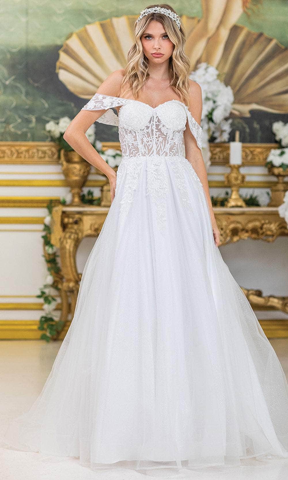 Dancing Queen Bridal 0297 - Long Tulle A-line Dress - Floral Lace Appliques, Sheer Corset Bodice, Draped Off-Shoulder Sleeves, Pleated Skirt Couture Candy Dancing Queen Bridal 0297 - Long Tulle A-line Dress - Floral Lace Appliques, Sheer Corset Bodice, Draped Off-Shoulder Sleeves, Pleated Skirt Couture Candy