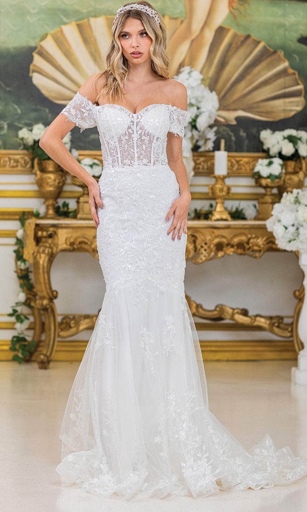 Dancing Queen Bridal 0304 - Long Mermaid Dress - Off-Shoulder Short Sleeves, Sheer Corset Bodice, Lace Appliques, Beaded, Sweep Train 3XL / Off White Dancing Queen Bridal 0304 - Long Mermaid Dress - Off-Shoulder Short Sleeves, Sheer Corset Bodice, Lace Appliques, Beaded, Sweep Train 3XL / Off White