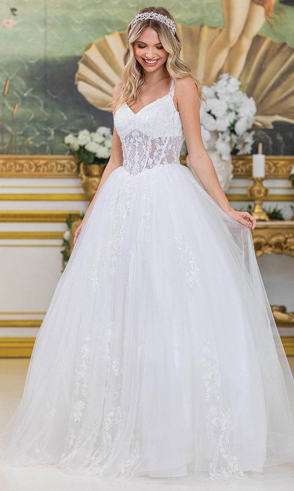 Dancing Queen Bridal 0305 - Long Tulle Ballgown Dress - Sheer Corset Bodice, Wide Straps, Lace Appliques, Beaded, Lace-Up Back XL / Off White