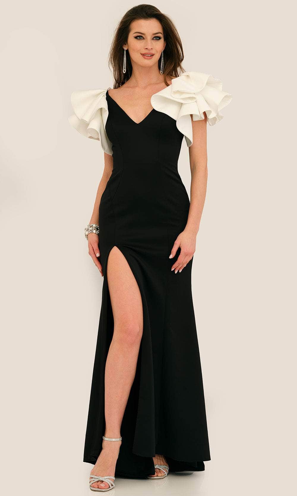 black and white dress with ruffles Dave & Johnny 11314 - Ruffled Sleeve Sheath Formal Gown 0 / Black/Black