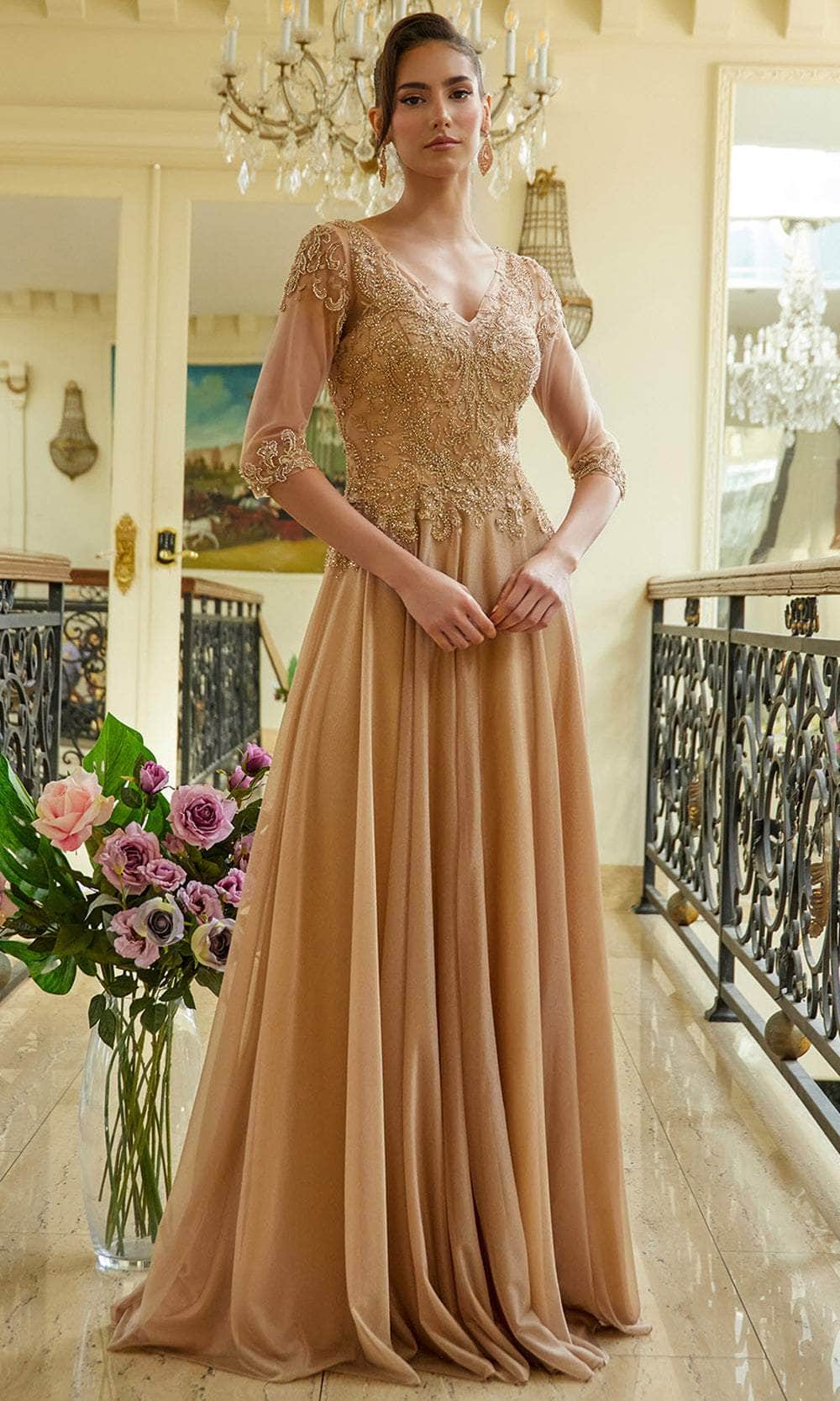 Elizabeth K GL3572 - Long Mesh A-Line Dress - Illusion Quarter-Length Sleeves, Beaded, Embroidery, Pleated, Full Back, Train Couture Candy Elizabeth K GL3572 - Long Mesh A-Line Dress - Illusion Quarter-Length Sleeves, Beaded, Embroidery, Pleated, Full Back, Train Couture Candy
