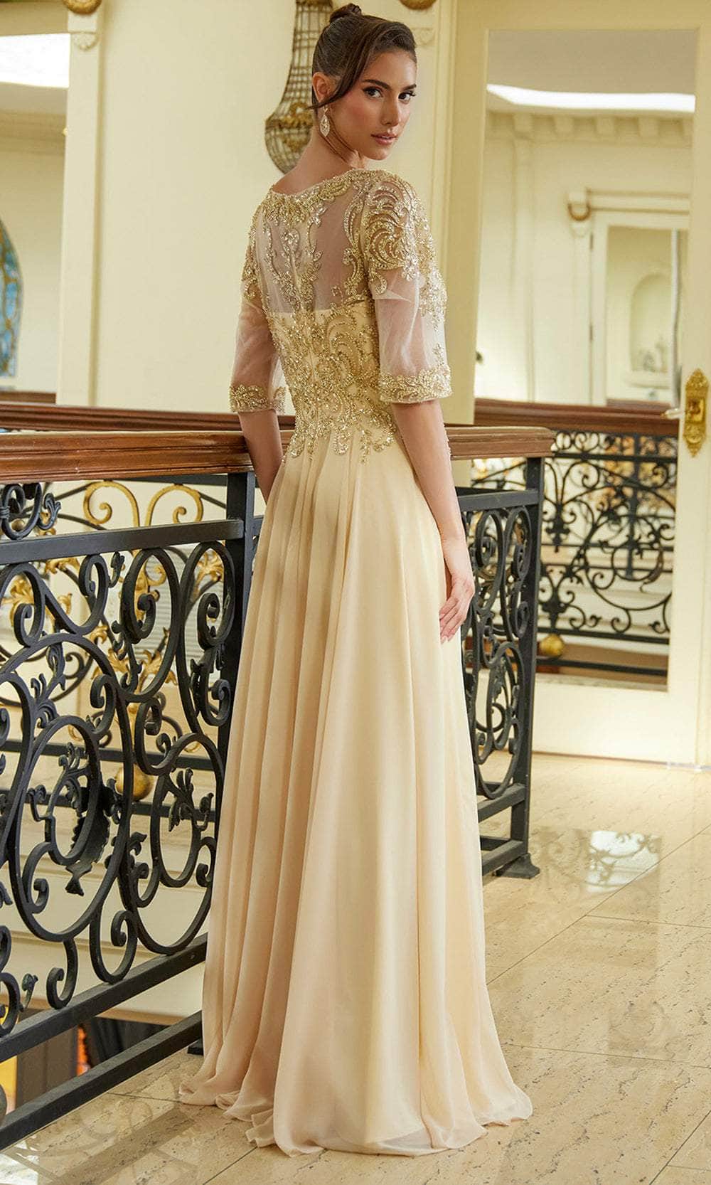 Elizabeth K GL3599 - Long Chiffon, Mesh A-Line Dress - Illusion Detail, Quarter-Length Sleeves, Sequin, Beaded, Sweetheart Lining, Full Back, Floor Elizabeth K GL3599 - Long Chiffon, Mesh A-Line Dress - Illusion Detail, Quarter-Length Sleeves, Sequin, Beaded, Sweetheart Lining, Full Back, Floor