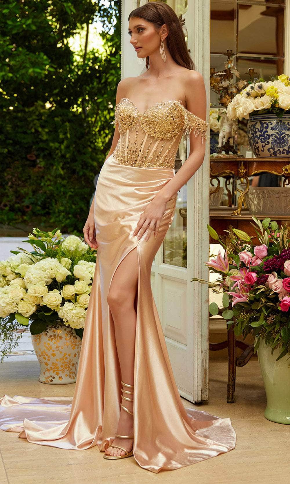Elizabeth K GL3618 - Long Satin, Mesh Sheath Dress - Fringes, Off-Shoulder, Sheer Corset Bodice, Sheer Corset Back, Back Zipper Closure, Slit, Train Couture Candy Elizabeth K GL3618 - Long Satin, Mesh Sheath Dress - Fringes, Off-Shoulder, Sheer Corset Bodice, Sheer Corset Back, Back Zipper Closure, Slit, Train Couture Candy