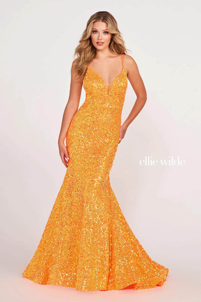 Ellie Wilde EW34016 -Sequin Sleeveless Prom Gown Prom Dresses 8 / Orange